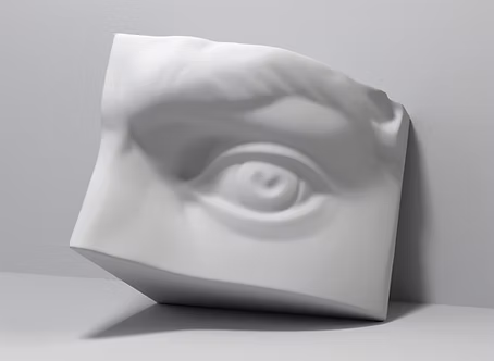 A sculpted marble eye on an angular white block